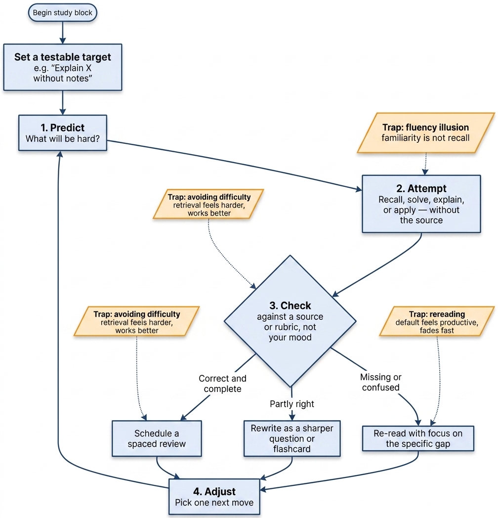 The Predict-Attempt-Check-Adjust loop: Check branches into the three outcome categories — correct, partly right, missing or confused — which converge into Adjust before the loop returns to Predict.