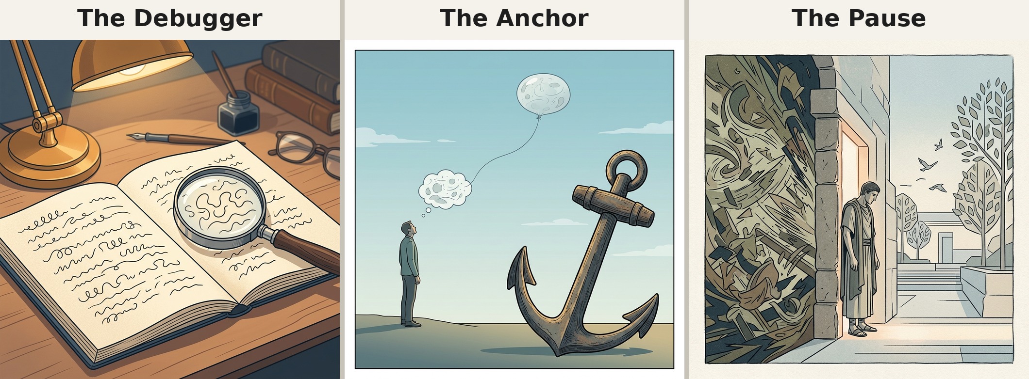 The Three Instruments Three instruments of cognitive resilience — the Debugger (CBT), the Anchor (ACT), and the Pause (Stoicism).